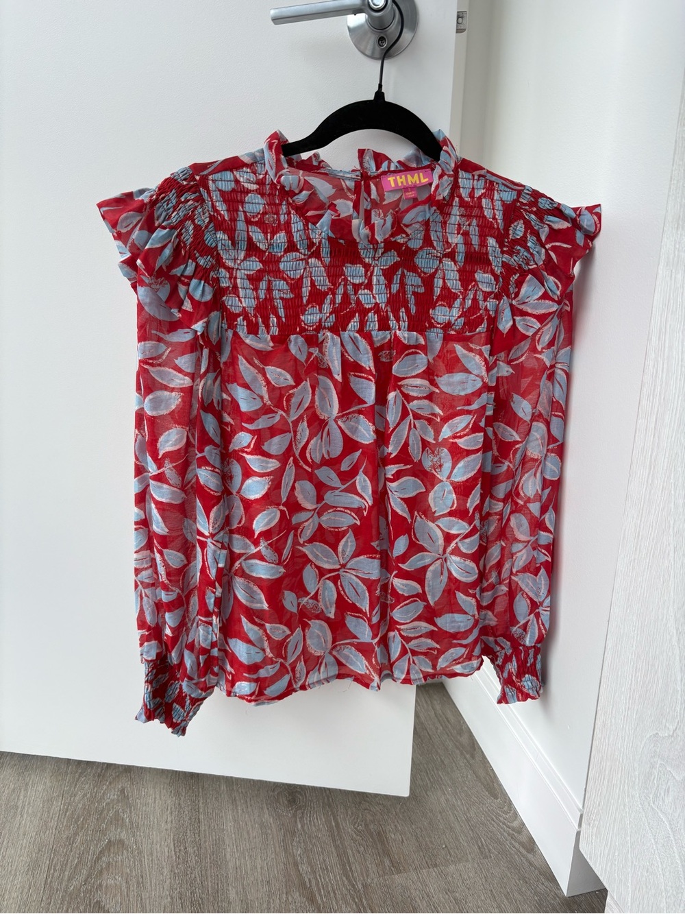 THML Red Leaf-Print Smocked Yoke Blouse